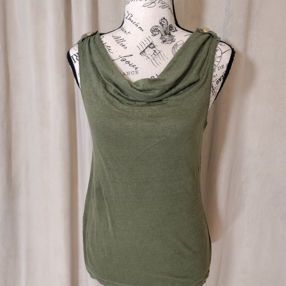 Banana Republic Olive Green Sleeveless Top w/Draped Neckline & Gold Button Tabs